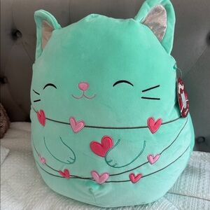 Squishmallow LARGE Charisma Mint Plush Cat with Pink Hearts